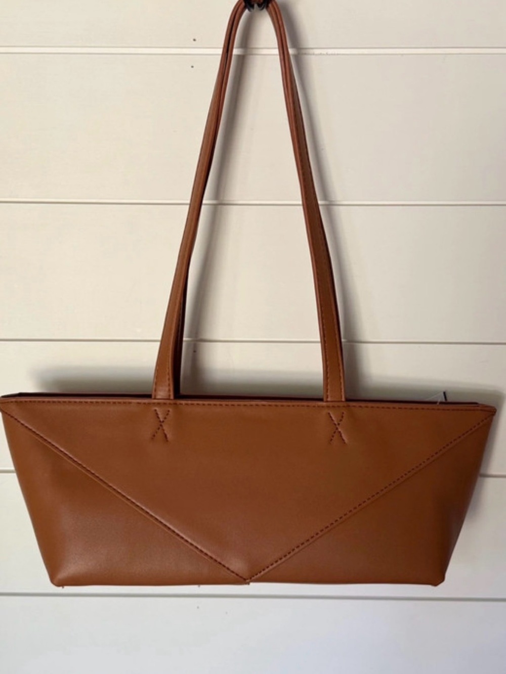 Brown Faux Leather Structured Shoulder Baguette Bag Like New Condition Geometric